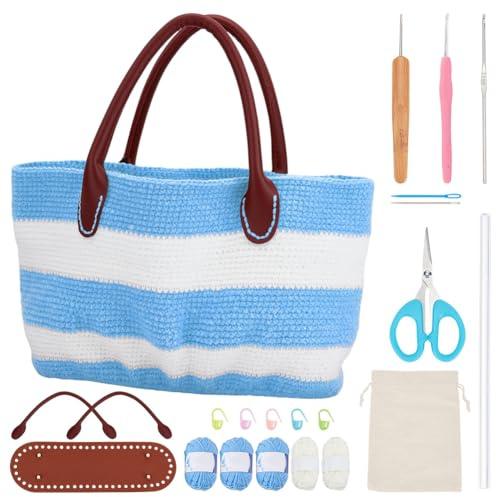 ORIGACH Blau Gestreifte Häkelset Tasche Mit PU Lederband Und Boden Komplettes Häkelset Zum Herstellen Einer Tasche Garn Einschließen Häkelnadeln Markierungen Und Anleitung