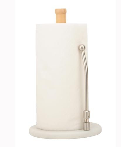 Spiretro Elegante portasciugamani di carta in marmo e legno, base in vero marmo bianco, asta in legno naturale e braccio di tensione in acciaio inox, compatibile con rotoli Jumbo, 19,7 cm L x 19,7 cm