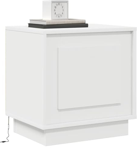 vidaXL Nachttisch Weiß 44 x 34,5 x 45 cm Holzwerkstoff, Rustikaler Nachttisch, kompakter Tisch mit LEDs, USB-Ladeplatz und modernen, beleuchteten Schubladen