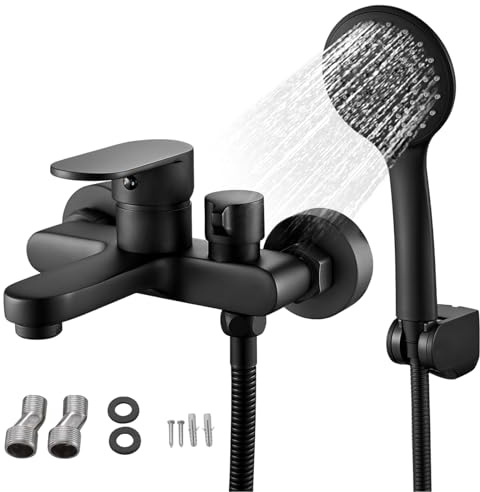 Rubinetto Vasca da Bagno con Doccetta, Miscelatore Monocomando Esterno | per Vasca/Doccia (G1/2 Pollici)con Flessibile Doccia in Acciaio Inox da 1,5 m, Doccetta a 3 Vie, Nero