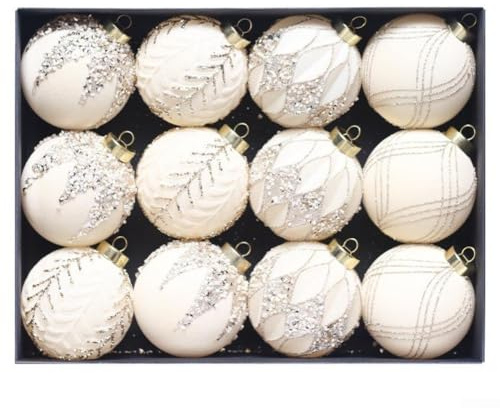 Weihnachtsbaumkugeln, 8 cm, 12 Stück, Samt-Weihnachtskugeln, beflockt, Weihnachtskugel-Set, bunte Glitzer, Baumschmuck (Beige)