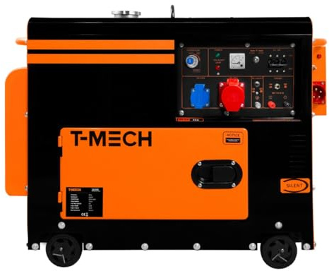 Generatore Diesel Silenzioso Trifase ATS 6.5kVA 6500W 13HP 230V 400V Avvio Elettrico Telaio Chiuso Potenza di Emergenza 4 Ruote Acciaio Verniciato a Polvere Nera 20L Capacità Kit Attrezzi & Imbuto