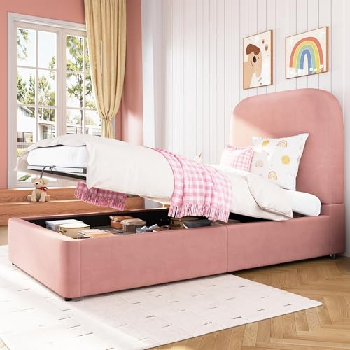 Gxffipw Polsterbett Kinderbett 90x200 cm mit Gepolstertes Kopfteil, Hydraulisches Einzelbett Bett mit Stauraum, Stauraumbett Bettrahmen mit Lattenrost, Rosa, Samt, Ohne Matratze