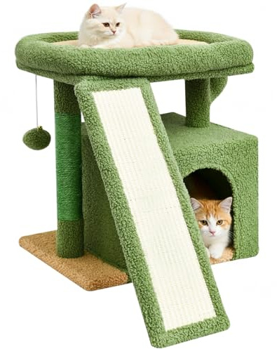 Small Cactus Cat Tree for Indoor Cats, Green Cat Tower with Scratching Post & Board, Unique Cactus Cat House with Perch for Kittens, Stable Condo and Stand (Green)