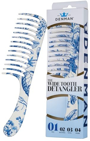 Denman Wide Tooth Detangling Comb - Curved Pin For Detangling, Curl Defining, Smoothing - Wet Comb For All Hair Types, Women and Men, D28 Blue Belle