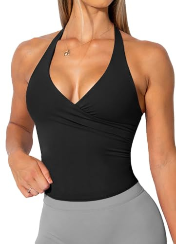 TZLDN Damen Neckholder Top Sport Top Integrierter BH Ärmellos Gym Top | Sommer Oberteile mit V-Ausschnitt Rückenfrei Wickeloberteil Leicht Halt für Pilates Yoga Laufen Tennis Leicht Atmungsaktiv