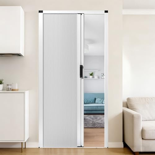 yurstcggh Porta Pieghevole,Porta Scorrevole Divisoria Senza Foratura,Divisoria Semplice,con rete in tessuto cellulare multifunzionale,per camere da letto e bagni Bianco 80×210cm