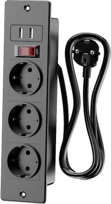 Versenkbare Steckdose 3-fach mit 2 USB-A und Schalter, Einbausteckdose Tischsteckdose mit 1,5m Kabel, Einbau Steckdosenleiste Mehrfachsteckdose für Tischplatte, Arbeitsplatte, Konferenztisch - Schwarz