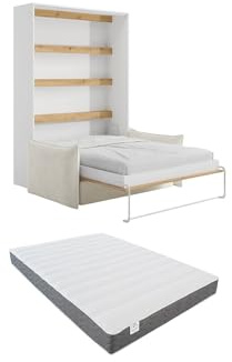 Vente-unique - Schrankbett 2 Rapili - Holzspan - beige, naturfarben hell, weiß