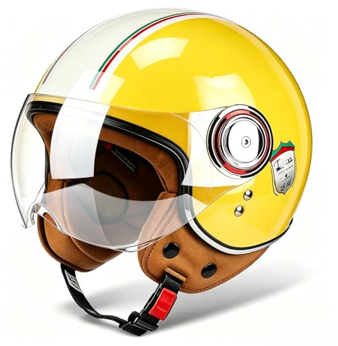 WZGGTEAM Casco Moto Aperto Jet Vintage Omologato DOT/ECE – Demi-Jet 3/4 con Visiera Parasole, Leggero e Confortevole – per Adulti Uomo Donna – Stile retrò per Vespa e Moto d'Epoca