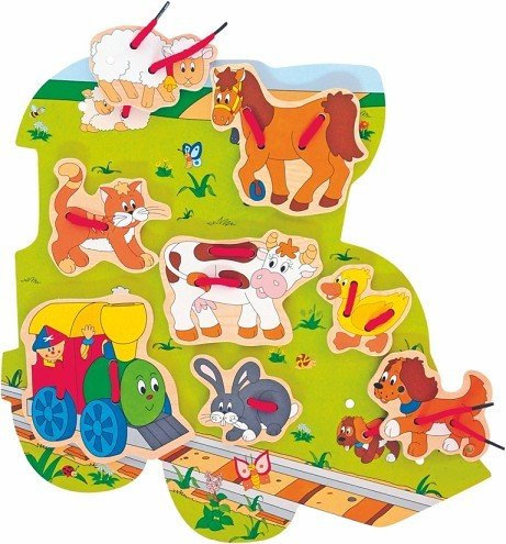 woody MOTORIKSPIEL Spiel MOTORIK FÄDELSPIEL Holz Puzzle 9 teilig Bauernhof Eisenbahn