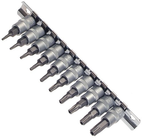 Alkan Sicherheits-Torx Bit-Satz 1/4 10-tlg mit Stirnloch | Sicherheits-Torx Bits mit Stirnlochbohrung für Sicherungsstifte, 1/4 Antrieb, 10-tlg auf Steckschiene