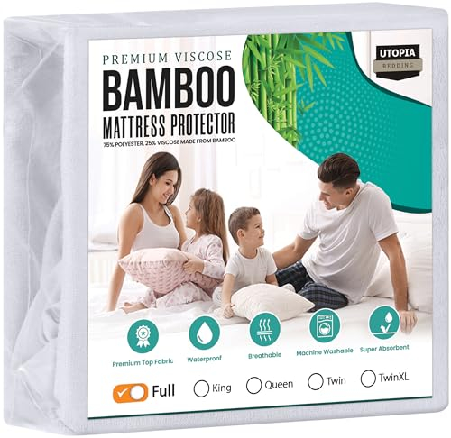 Utopia Bedding Premium Wasserdichter Matratzenschoner, Fullsize, Viskose, aus Bambus, atmungsaktiv, mit dehnbaren Ecken, Weiß