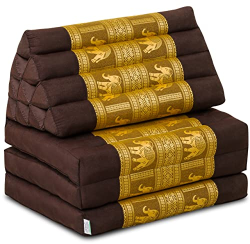 livasia Thaikissen 3 Auflagen Thaiseide - 175x55x8cm Dreieckskissen mit Klappmatratze, Rückenkissen faltbar, Thaimatte zum Klappen, Kapok handgefertigt, Meditationskissen (Braun/Gold/Elefanten Seide)