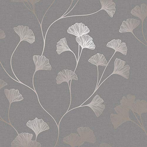 Holden Decor Papier peint métallisé ginkgo gris/or rose 12702