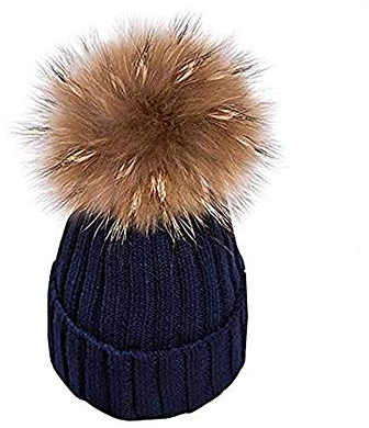 EXQULEG Warm Mütze, Echtfellbommel Pudelmütze,Winter-Mütze Bommelmütze Pelzbommel Waschbär Raccoon Pelz (Dunkelblau)