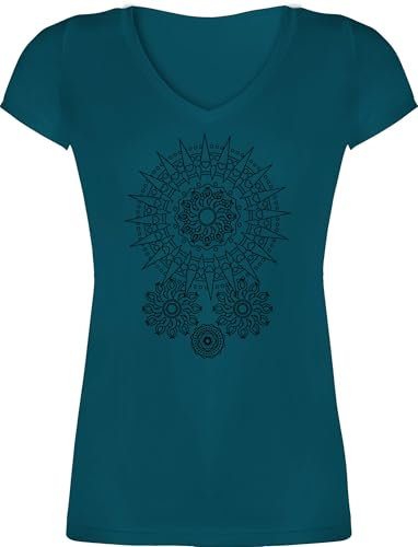 T-Shirt Damen V Ausschnitt - Kunst - Boho Mandala Yoga Namaste - XL - Türkis - yogakleidung Frauen yogashirt Wellness Blumen Tshirt yogaoberteile yogashirts Meditation Mandala. Shirt yogashirtdamen