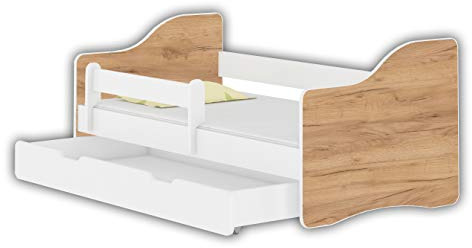 ACMA Jugendbett 160x80 Kinderbett mit Einer Schublade mit Rausfallschutz und Matratze, Weiß Happy, Farbe Eiche Craft, mit Lattenrost, stabil, Kinderzimmer Bett, Jugendmöbel