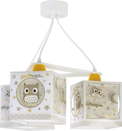 Dalber Lampe kinderzimmer, kinderlampe Pendelleuchte Hängelampe, Deckenleuchte Kinder, Deckenlampe kinderzimmer 3 Lichter Eule Tiere Good Night, 63394, E27, Beige