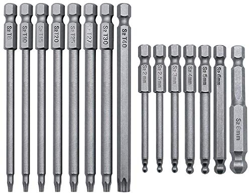 15 Stück Schraubenzieher S2 Stahl 1/4 Zoll Magnetische Inklusive T8-T40 Torx Bits Extra lang mit Löchern und 2mm-8mm Kugelkopf Sechskant-Schraubendreher Bits Elektrische Schraubendreher Werkzeuge