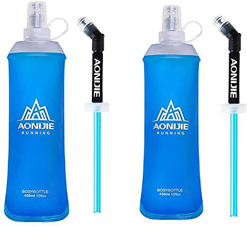 AONIJIE Lot de 2 bouteilles d'eau en TPU souple de 450 ml, sans BPA, pliable, utilisation dans un gilet d'hydratation pour marathon, course à pied, randonnée, cyclisme avec paille (bouteille + paille)