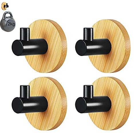XYJJ 4 Stück Wandhaken, Kleiderhaken Haken Wandhaken Ohne Bohren, Kleiderhaken, Haken Wandhaken Ohne Bohren, Handtuchhaken, zum Aufhängen von Mantel, Gürtel, Schlüssel, Headset, Schwarz, Holzfarbe