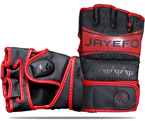 Jayefo Sports M-6 MMA Gloves - Open Palm Leather Boxing Gloves for Punching Bag, Kickboxing, Muay Thai, MMA, Men & Women Pro Sparring Fighting & Training Gloves | L/XL (Black & Red)
