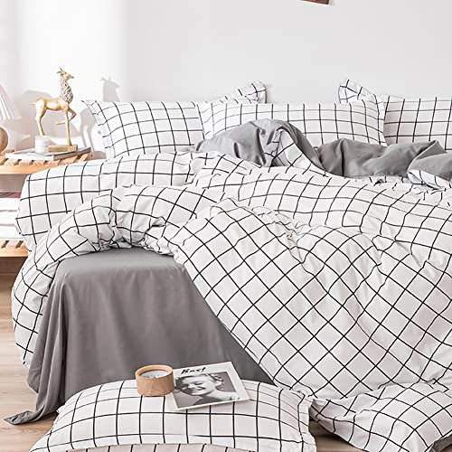 Michorinee Housse de Couette 140x200 à Carreaux - Parure de Lit en Microfibre Réversible Blanc et Gris avec Fermeture éclair - Linge de Lit Adulte 1 Personne Taie d'oreiller 65 x 65 cm