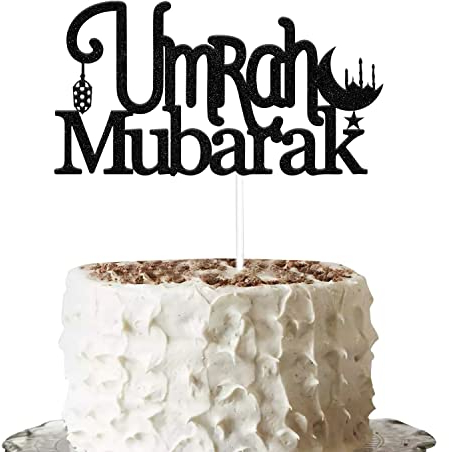 QURYE Umrah Mubarak Cake Topper, Black Glitter, 1 Piece, Cake Decoration, Eid Occasion
