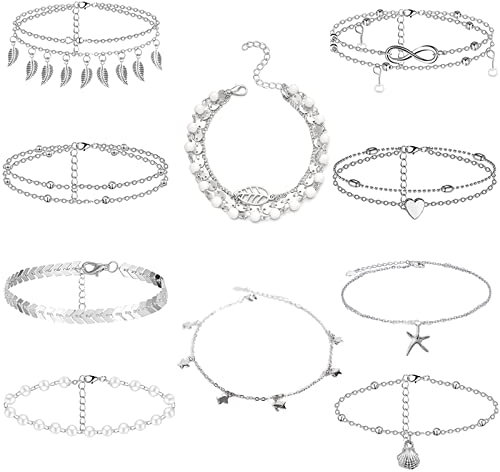 NMBCH Bracelets De Cheville Femmes Argent Ensemble, 10 Pièces Bracelets Cheville Plage Cheville Réglable, Chaînes De Cheville Boho, Argent Bijoux Pied Set Pour Femmes Filles
