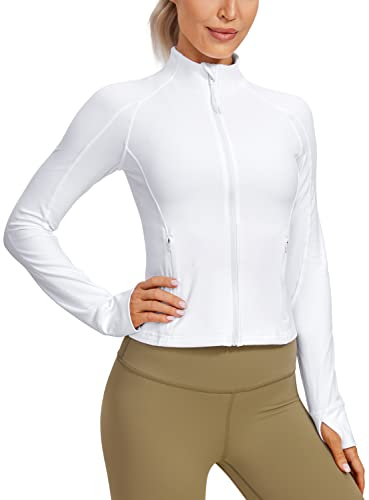CRZ YOGA Damen Butterluxe Full Zipper Sport Jacke Zip Tasche Crop Running Laufjacke Gym Langarmshirt Sweatjacke mit Daumenloch Weiss 38