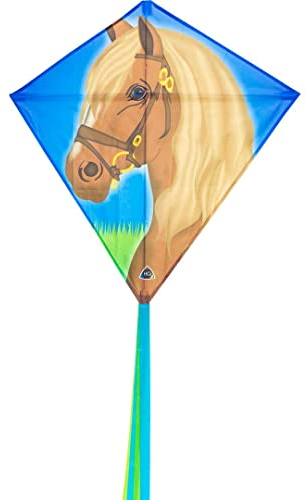 HQ Eddy Horse 68cm Kinderdrachen Flugdrachen Einleiner Drachen zum steigen Lassen, wenig Wind ab 5 Jahre, 68x68cm + 2m Drachenschwanz inkl. 17kp Polyesterschnur 40m auf Spule 2-5 Bft