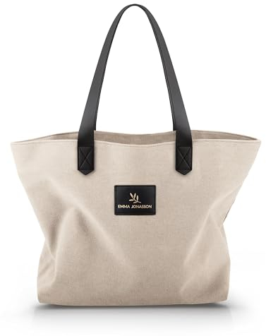 Emma Jonasson Shopper Damen -Faltbare Umhängetasche mit Reissverschluss und Innentasche - Große Handtasche, Henkeltasche, Einkaufstasche (Beige, Medium)