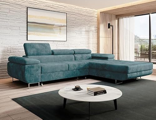 MODERNO Ecksofa mit Schlaffunktion und Bettkasten NORBERG - Sofa mit 3 Sitzen und Robusten Überzug - Schlafcouch L-Form - Modern Couch 72x279x205 cm - Ecke Rechts Türkis