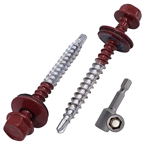 SKIR'CO (150 pcs) Vis Toiture Peintes, Vis Autoperceuses 4,8 x 50 mm Avec Rondelles EPDM, Tête Hexagonale (Rouge Oxyde, RAL 3009)
