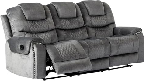 Grey Chenille 3-Seater Reclining Sofa | Luxury Fabric Sofa with Diamond Design & Brass Stud Detail | Easy 160° Manual Lever Recline for End Seats | Thick Foam Arm, Back & Head Padding | Ravenna