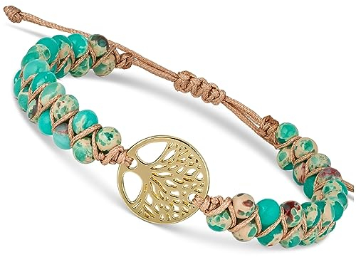 BENAVA Damen Yoga Armband Jaspis Edelstein Perlen mit Lebensbaum Anhänger Türkis | Edelstein Armband Meditation | 16-24 cm