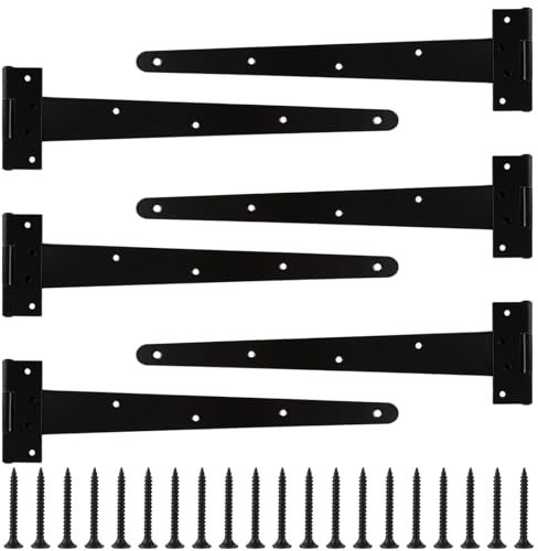 AHAQU 6 bisagras en T, bisagras de puerta de jardín negras de 16 pulgadas con tornillos, bisagras de puerta resistentes para puertas de madera, puerta de cobertizo, puerta de granero, valla