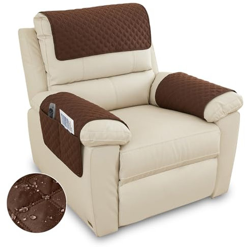 3 Stück Sofa-Armlehnenbezug, wasserdicht und rutschfest, Sesselbezüge für Armlehnen, Sofa-Schonbezug mit Seitentasche, Abrieb-Möbelschutz, gesteppter Schutz für Haustiere, Ledercouch (Braun)