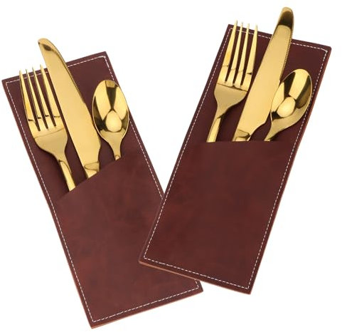 Brosay Besteckhüllen aus Leder, Utensilienhalter, Tasche, Messer- und Gabel, Besteckhüllen für Weihnachten, Halloween, Erntedankfest, Tischdekoration, 2 Stück (Rotbraun/Weinrot)
