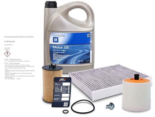 BESTPRICE Inspektionspaket Filterset mit 1x Öfilter; 1x Innenraumfilter; 1x Luftfilter; 4l Motoröl 5W-30 DEXOS 2; 1x Ölwechselanhänger Kompatibel mit OPEL ASTRA K Sports Tourer (B16), ASTRA K (B16)