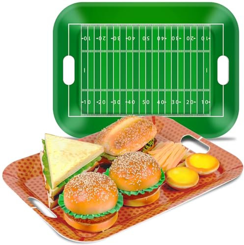 gisgfim 2Pcs Football Serving Trays, 16.1 x 11.1 Inch, Melamine, Rectangular, Green, Football Themed Design, Stackable, Handle, Perfect for Game Day Snacks, Tailgate, Birthday Party Decorations