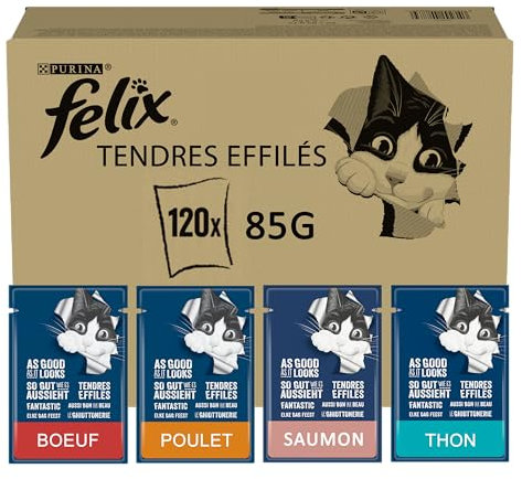 Felix | Tendres Effilés | Aliment Complet pour Chat Adulte| Sélection Mixte : Au Boeuf, Au Poulet, Au Saumon, Au Thon| en Gelée | Portion Individuelle | 120x85g