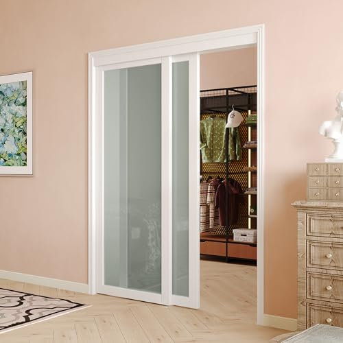 SOLRIG Sliding Closet Door, 60(Double 30.98) x 80, 1-Lite Frosted Glass Sliding Door with Hardware Track Kit & Floor Guide, Finished Doors 2 Panels, MDF, White