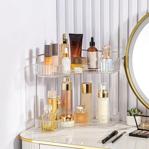 Yuehuamech Corner Bathroom Countertop Organizer 2 Tier Vanity Trays Sink Shelf Makeup Organizer Perfume Tray Kitchen Spice Rack Skincare Organizers for Bathroom Countertop Storage
