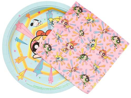 Silver Buffalo Powerpuff Girls Blossom, Lot de 32 paquets de fête | Bulles et renoncule, articles de fête, assiettes et serviettes en papier jetables