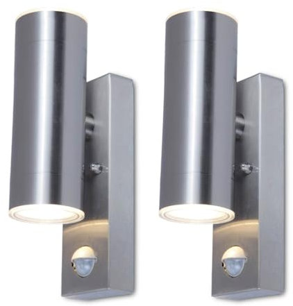 firstchoicelighting Set of 2 Stainless Steel Outdoor Security Lights, Up Down GU10 LED Compatible, PIR Motion Sensor Porch IP44 Wall Lights