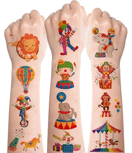 Zirkus Kinder Tattoo Set - 10 Blätter Temporäre Wasserdichte Hautfreundliche Tattoos für Jungen Mädchen - Aufkleber Mitgebsel Kindergeburtstag Gastgeschenke