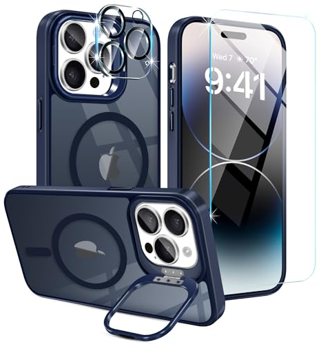 Casewind Magnetische Schutzhülle für iPhone 14 Pro Max, [mit unsichtbarem Kamera-Ständer, Displayschutzfolie und Kameraobjektivschutz] [kompatibel mit Magsafe], durchscheinende, matte, schlanke