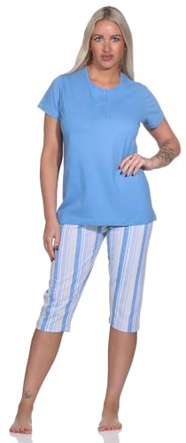 Normann Eleganter Damen Capri Pyjama, Schlafanzug mit Knopfleiste und ¾ Capri Hose, Farbe:blau, Größe:48-50